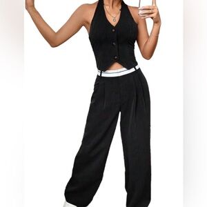 Black Wide-Leg High-Waist Pants with Vest